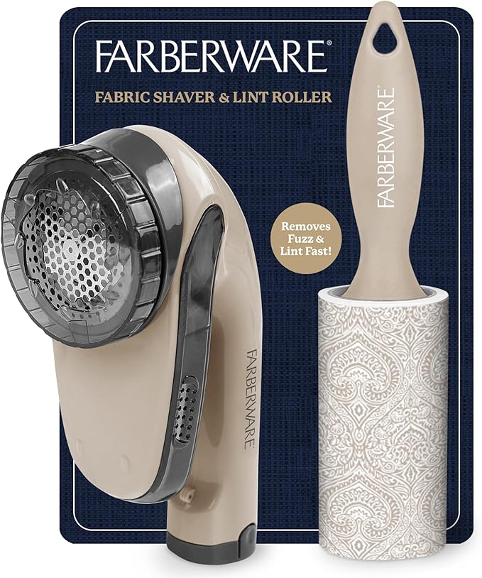 Farberware Large Lint Remover & Fabric Shaver Set – Battery Powered Sweater Shaver with Triple Blades and Extra Sticky Roller for Pet Hair, Fuzz & Pilling on Clothes & Furniture