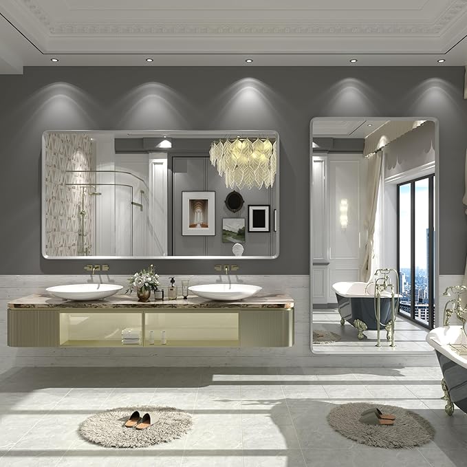 55x30 Silver Bathroom Mirror, Brushed Silver Vanity Mirror for Wall, Rounded Rectangle Mirror with Beveled Border, Anti-Rust, Shatterproof (Horizontal/Vertical)