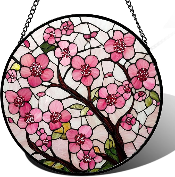 CRISGIF Stained Glass Window Hanging - Cherry Blossoms Birth Flower Suncatcher for Door Garden Patio Sun Catchers Decor Christmas Mother's Day Birthday Gifts for Women Mom Nana Friend Wife 11.8 in