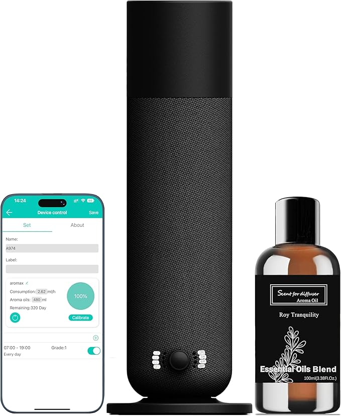 Smart Waterless Essential Oil Diffuser, Scent Air Machine for Home, Aromatherapy Scent Diffuser with Roy Tranquility Oil, Covers Up to 1000 Sq.Ft, Quiet Cold-Air Tech Machine for Hotel, Spa (Black)