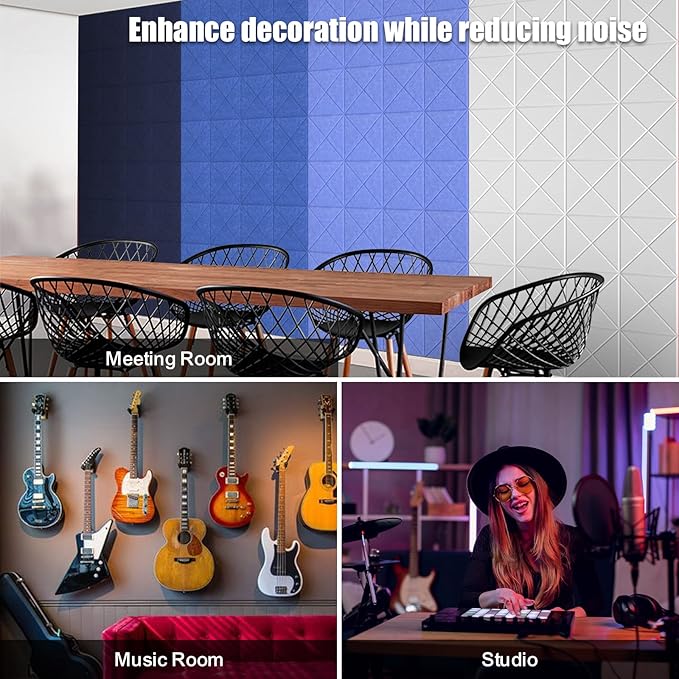 Sonicism 12 Pack X-Lined Acoustic Panels with Self-Adhesive, 12"X 12"X 0.4" Sound Proof Foam Panels, Decorative Soundproof Wall Panels, Sound Absorbing Tile for Home & Offices, Blue