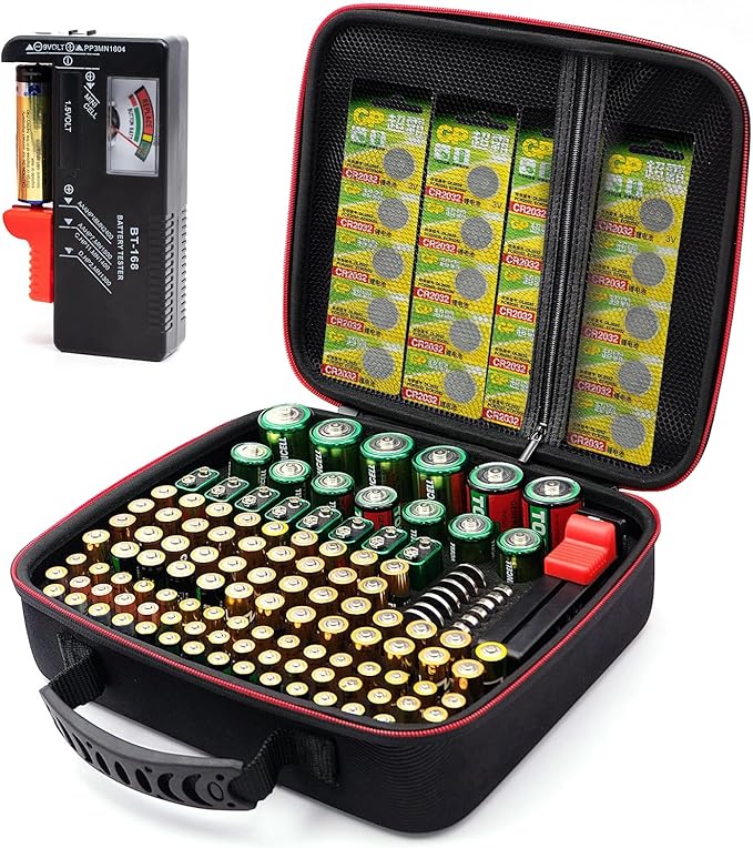 Glamgen Battery case organizer with Tester (BT168), Battery Storage case Holds 126 Batteries Various Sizes AAA AA C D 9V Lithium 3V, Batteries Holder Organizer