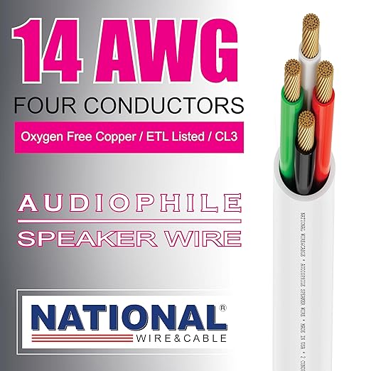 National Wire&Cables - 14/4 Audiophile Speaker Wire (200 Feet) 14AWG Gauge - Made in USA - in Wall Audio Speaker Wire Cable/CL Rated/ETL Listed / 2 Conductors - OFC Oxygen-Free Copper, White 200ft