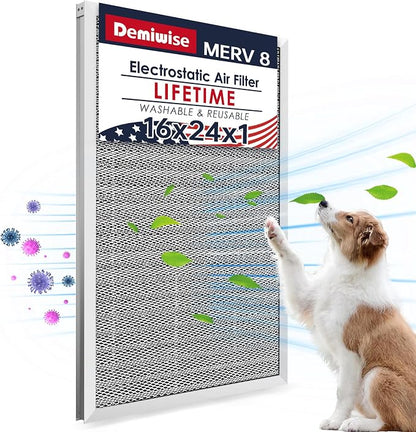 16x24x1 Lifetime Electrostatic Air Filter, MERV 8 Reusable Aluminum AC/HVAC by Demiwise