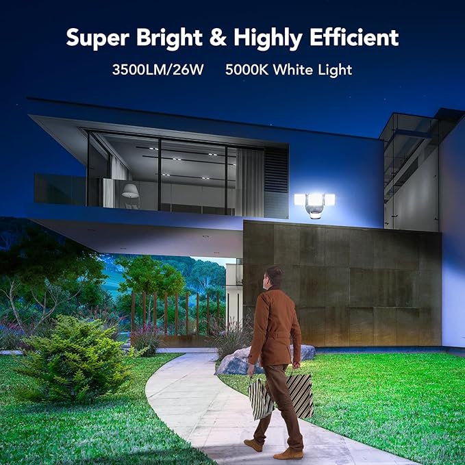 OREiN Motion Sensor Outdoor Flood Light, 26W 3500LM LED Security Light, 240° 40FT Detection, Dusk to Dawn/Auto/Test Modes, IP65 Waterproof for Garage, Yard, Porch, Driveway (Hardwired)