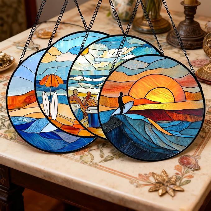 AMDERVEN Stained Glass Window Hanging 4 Pcs Set Blue Ocean Surfing Beach Large 11.8" - Suncatcher Door Garden Sun Catcher Decor Birthday Mother's Day for Firefighte Men Woman Nana Mom