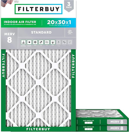 Filterbuy 20x30x1 Air Filter MERV 8 Essential Dust & Allergy Defense, by Filterbuy