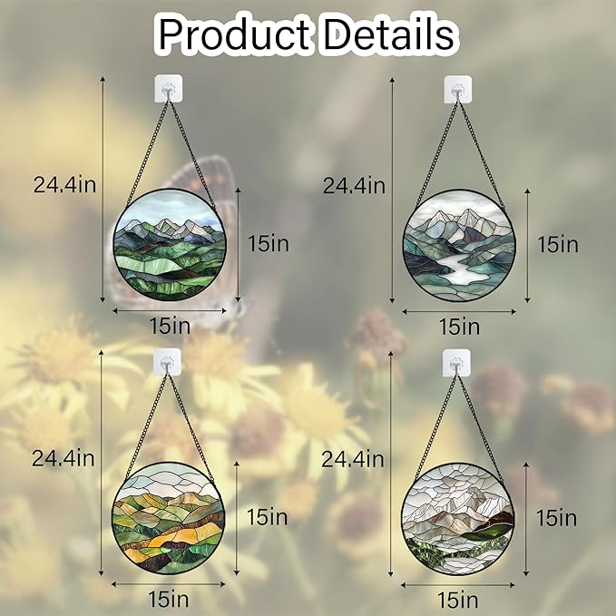 AMDERVEN Stained Glass Window Hanging 4 Pcs Set Mountain River Landscape Large 15" - Suncatcher Door Garden Sun Catcher Decor Birthday Mother's Day for Mom Woman Nana Girl Boy Friend