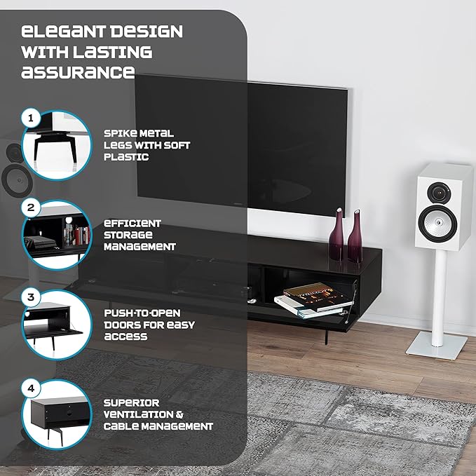SONOROUS ST-360 Premium TV Stand for Living Room – Modern TV Stands & Entertainment Center with Storage – Black Wood & White Glass Cover – Luxury Media Console with Metal Legs for TVs up to 75 inches