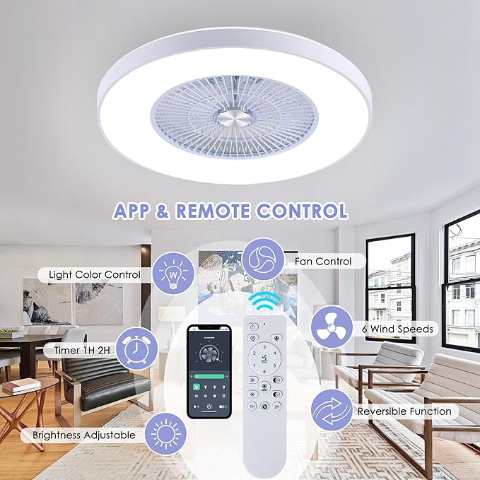 HUMHOLD 24" Bladeless Ceiling Fans with Lights and Remote/APP Control, Low Profile Ceiling Fan with 3-Dimmable Lights, Enclosed Flush Mount Ceiling Fan for Kid's Bedroom/Living Room