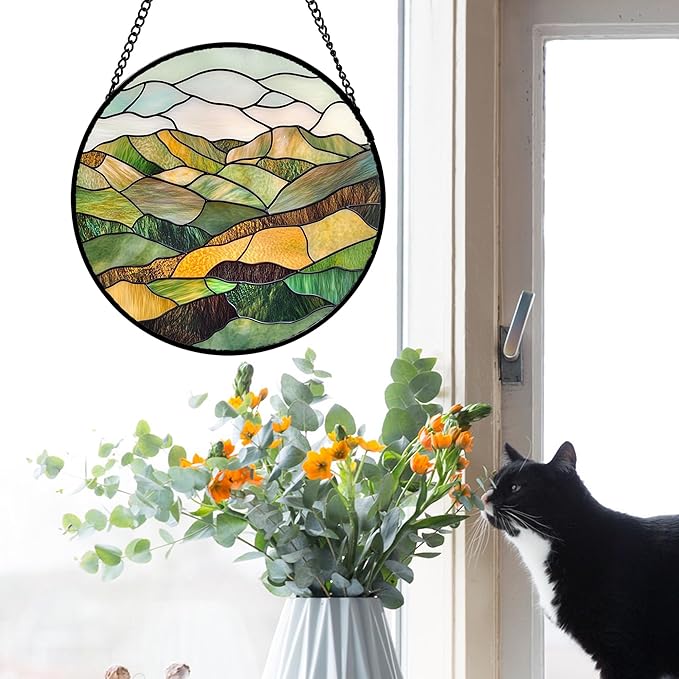 AMDERVEN Stained Glass Window Hanging 4 Pcs Set Mountain River Landscape Large 15" - Suncatcher Door Garden Sun Catcher Decor Birthday Mother's Day for Mom Woman Nana Girl Boy Friend