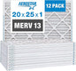 Aerostar 20x25x1 MERV 13 Pleated Air Filter, AC Furnace Air Filter, 12 Pack by AirFiltersDelivered