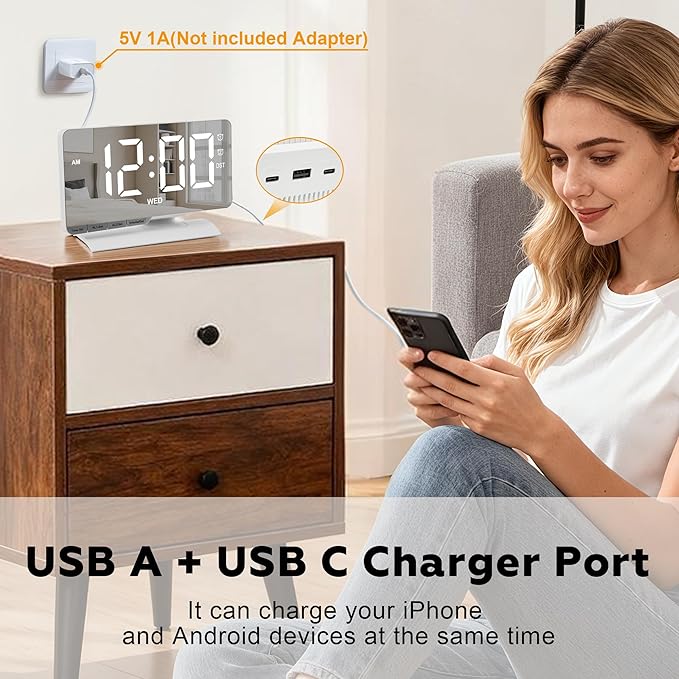 SZELAM Digital Clock,Alarm Clock Bedside,7.3'' Large LED Mirror with Date Display,Dual Alarm with 3 Mode,Brightnee Adjust,DST,Snooze Function,USB C Charging Port,5 Levels Volume for Desk Bedroom Teens