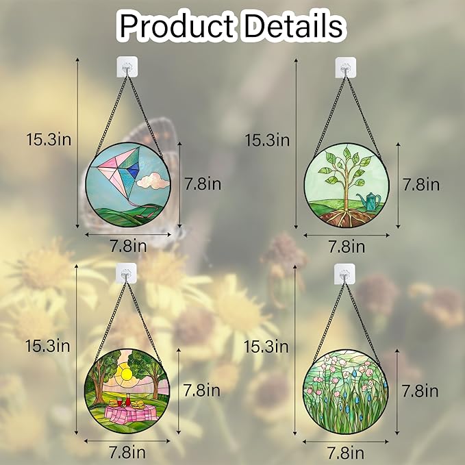 AMDERVEN Stained Glass Window Hanging 4 Pcs Set Pink Green Spring Saplings Flowers 7.8" - Suncatcher Door Garden Sun Catcher Home Decor Mother's Day for Woman Nana Mom Men