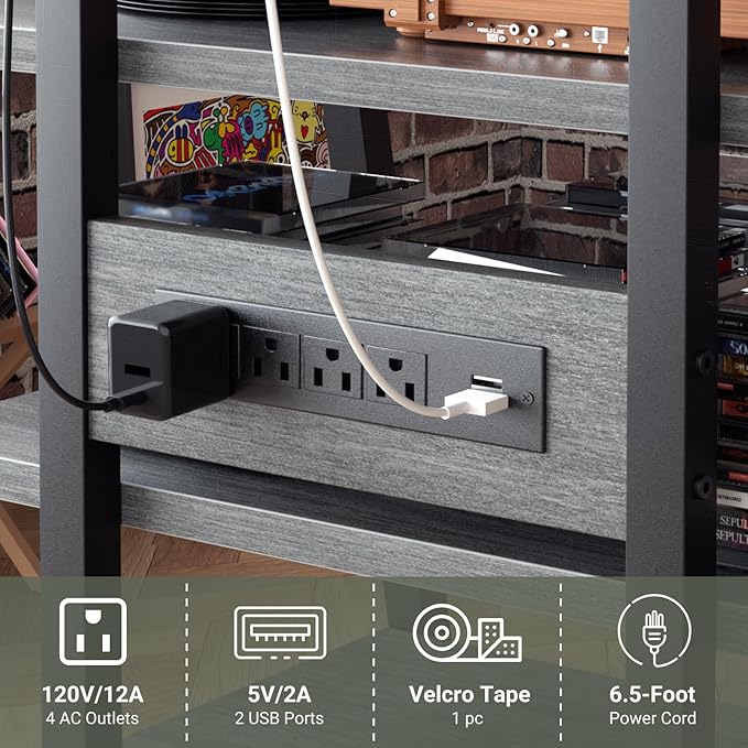 Besiost AV Media Stand with Outlets, Media Console with LED Lights, Stereo Racks and Stands with Storage Shelves, Media Audio Tower Stand, Light Grey Walnut