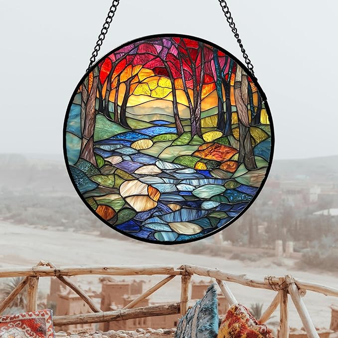 AMDERVEN Stained Glass Window Hanging, Red Tree Abstract Sunset Lake Sun Catcher for Window Home Decor Landscape Suncatcher Mother's Day Birthday Gifts for Women Men Mom and Nana 6.3 in