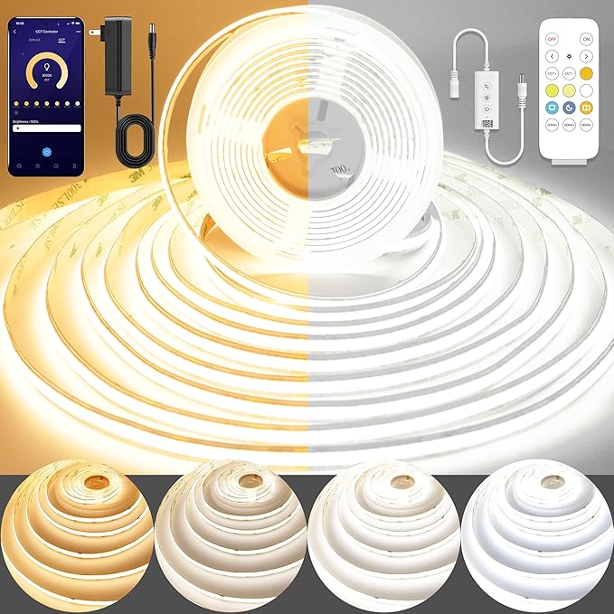 Pandery COB LED Strip Light,CCT Dimmable Strips Light,2700K-6500K,6.56ft/2m,8mm Wide,CRI90+ 24V LED Strips Kit with Bluetooth APP Control/Music Mode,for Bedroom,Kitchen,DIY Lighting