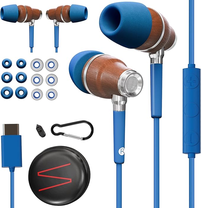 Symphonized Premium Wooden iPhone Earphones Wired (USB C) Deep Bass Sound, 3D Sound, Microphone Volume Control, 90% Noise Cancelling for Type C Devices. Earphones for iPhone 15 to 17 & Android