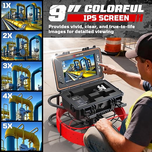 HBUDS Sewer Camera, Self Leveling Drain Camera 200ft with Meter Counter, 7mm Thick Cable, 9" HD Screen 1080P Plumbing Cameras Snake with Light, 5100mAh Battery Duct Pipe Video Inspection Cam DVR 32GB