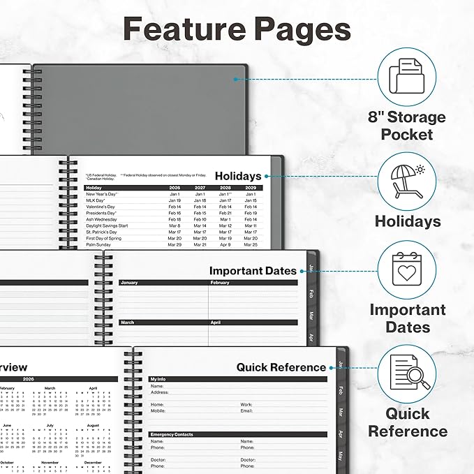 Dunwell 2026 Planner Book 8.5x11, Weekly Monthly Calendar, Jan to Dec, Large Daily Organizer with Laminated Tabs, Bookmark, Notes Section & Stickers