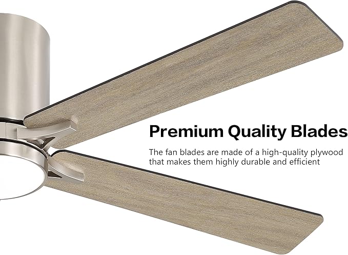 WINGBO 48" DC Flush Mount Ceiling Fan with Lights, 6-Speed Reversible DC Motor, 3CCT, Low Profile Hugger Ceiling Fan for Living Room Bedroom Kitchen, Nickel Finish and Black/Gray Blades