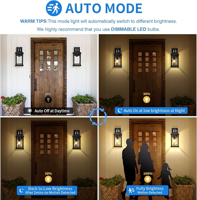 VIANIS Porch Lights Outdoor with Motion Sensor, Dusk to Dawn Outdoor Wall Lights Lantern, Anti-Rust Matte Black Outside Light Fixture Sconce for House, Patio, Garage, Waterproof