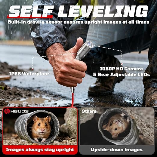 HBUDS Sewer Camera 100ft, Self Leveling Drain Camera with Meter Counter, 7mm Thick Cable, 9" HD Screen 1080P Plumbing Cameras Snake with Light, 5100mAh Battery Duct Pipe Video Inspection Cam DVR 32GB