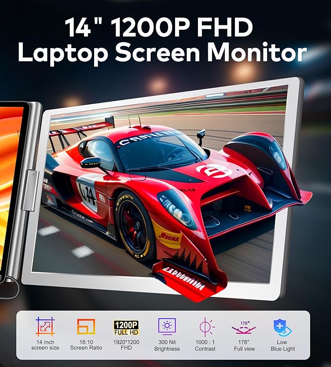 FOPO 14" Laptop Screen Extender, FHD 1200P IPS Monitor Extender, Just 1 Cable for 3 Screens Quad Monitor, Triple Extender for 12"-17.3" Laptops, Compatible with Windows 10/11 and Mac M1/M2/M3