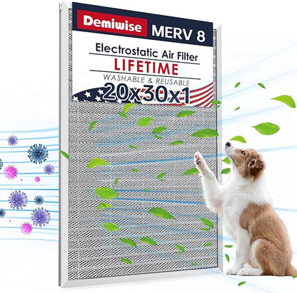 20x30x1 Electrostatic Air Filter, MERV 8 Reusable & Washable Aluminum AC/HVAC by Demiwise