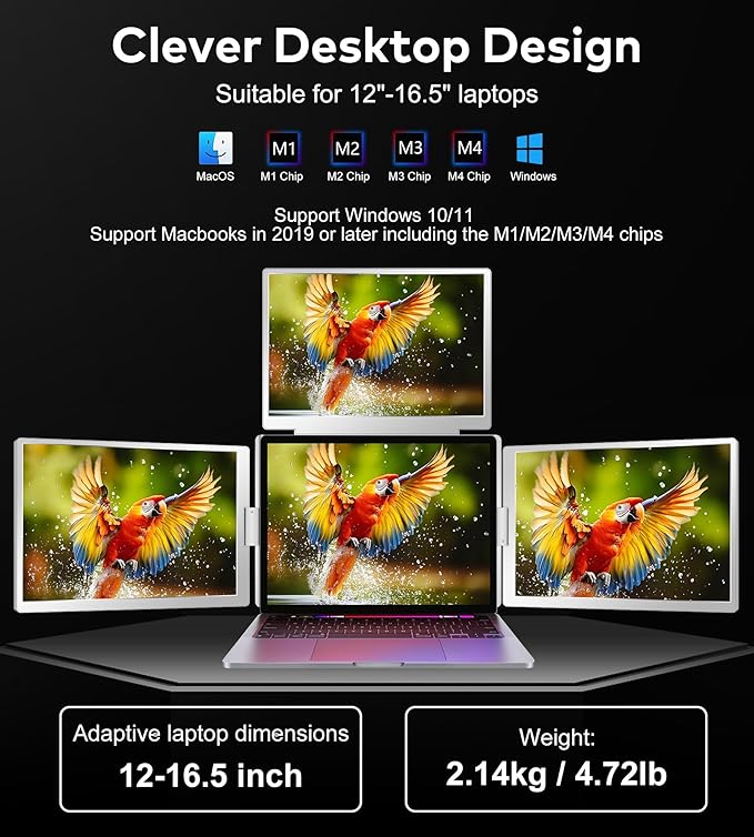 FOPO 14" Laptop Screen Extender, FHD 1200P IPS Monitor Extender, Just 1 Cable for 3 Screens Quad Monitor, Triple Extender for 12"-17.3" Laptops, Compatible with Windows 10/11 and Mac M1/M2/M3