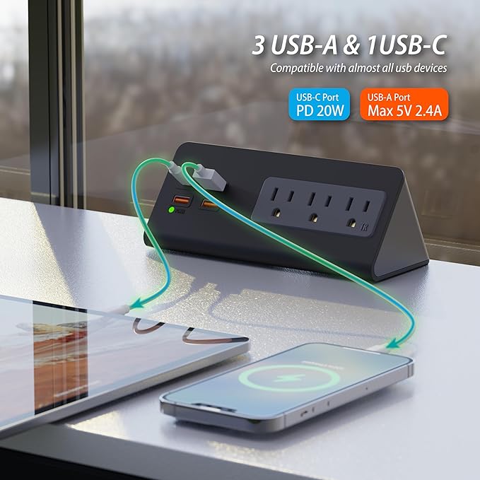 Upgraded Version Edge Mount Power Strip with USB-C Ports Tabletop Surge Protector Desk Clamp Power Sockets with 3 AC Outlets &4 Fast Charging USB Ports for Home Office Hotel Dormitory (Black - 1pack)