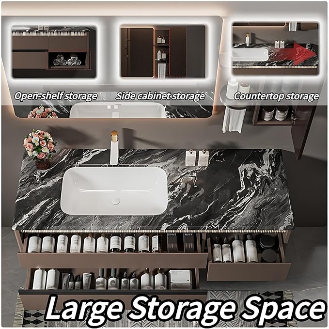 Modern Bathroom Vanity - Spacious Deep Sink | Defogging LED Mirror & Human Body Sensor Light, Open Side Panel, Floating Smart Bathroom Vanities (72IN)