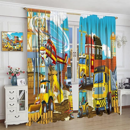 Kids Cartoon Construction Window Curtains, Funny Construction Site Cars and - Image 3