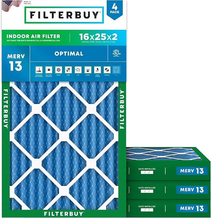 Filterbuy 16x25x2 Air Filter MERV 13 Optimal Smoke & Allergy Defense, by Filterbuy