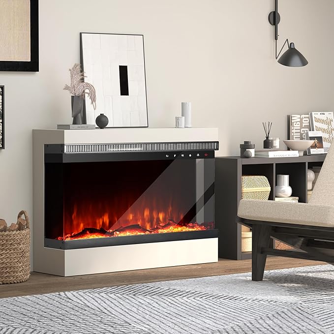 Charavector 30 inch 3-Sided Electric Fireplace Inserts with Remote Control in Wall Mounted, Energy Saving Insert Fireplace Heater Indoor Glass View with Remote Control & Touch Screen