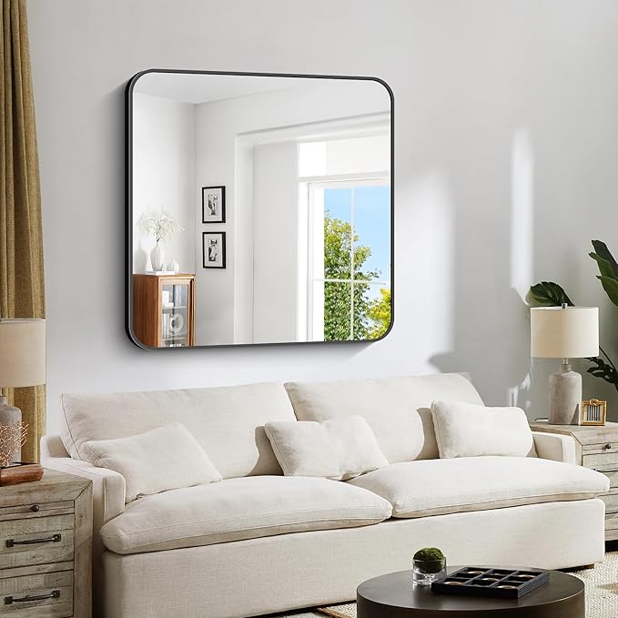 Bathroom Mirror, 39x39 inch Black Square Wall Mirror, Metal Frame Rounded Corner Vanity Mirror, Large Wall Mounted Mirror for Modern Bedroom Living Room Horizontal Or Vertical Mounting