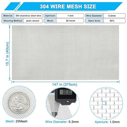 Stainless Steel Mesh Screen 20Mesh 304, 15.7" x 147" Metal Mesh Screen - Image 2