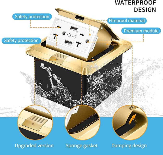 Vagueior Recessed Floor Electrical Outlet Kit,Waterproof Electrical Outlet Covcer Box,Hidden 4.8A USB+20A Tamper-Resistant Receptacle Outlet with Slow Elastic Damping ，ETL Certified,Gold (2 Pack)