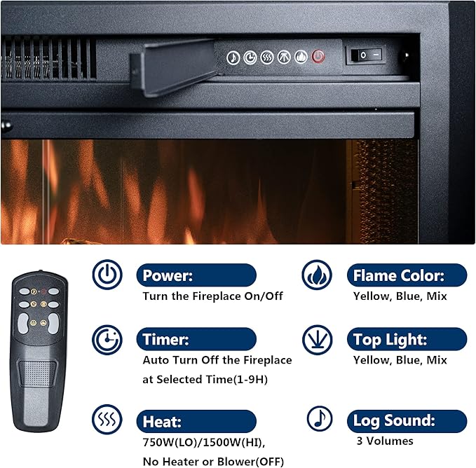 Velaychimny 45" W x 25" H Electric Fireplace Insert with Metal Trim Kit, Adjustable Flame, Fire Crackling Sound, Top Light Colors, Timer, Glass Door & Mesh Screen, Black