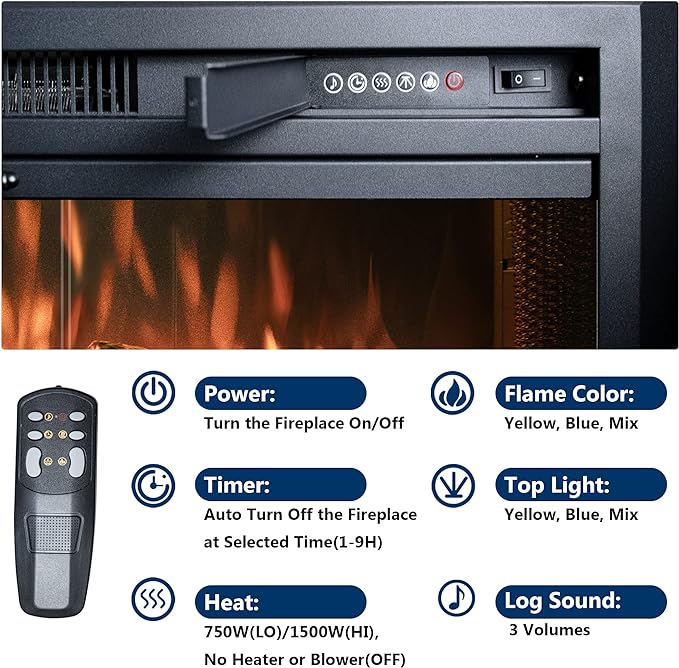 Velaychimny 42" Electric Fireplace Insert with Metal Trim Kit, Adjustable Flame, Fire Crackling Sound, Top Light Colors, Timer, Glass Door & Mesh Screen, Black