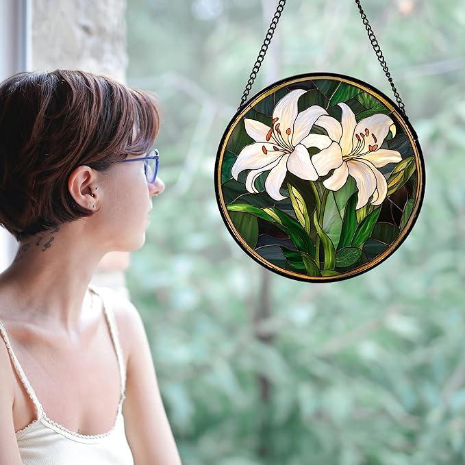 CRISGIF Stained Glass Window Hanging, White Lily Suncatcher for Door Garden Patio Birth Flower Green Plant Sun Catchers Decor Christmas Mother's Day Birthday Gifts for Women Mom Nana Friend 7.8 in
