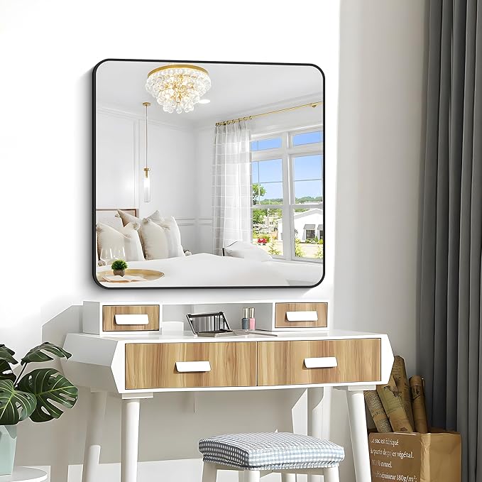 Bathroom Mirror, 39x39 inch Black Square Wall Mirror, Metal Frame Rounded Corner Vanity Mirror, Large Wall Mounted Mirror for Modern Bedroom Living Room Horizontal Or Vertical Mounting