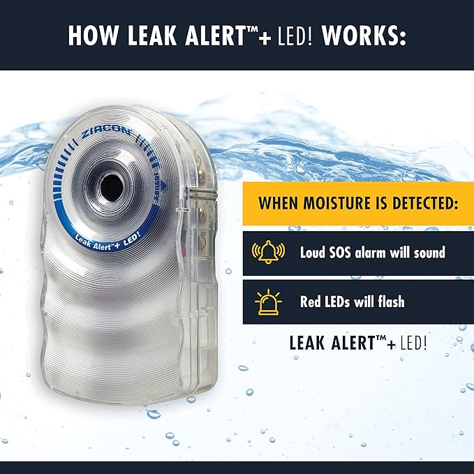 Zircon Leak Alert + LED! Water Leak Detector & Flood Sensor Alarm/Water Leak Sensor with Dual Leak Alarms 90Db Audio + Flashing LED Lights/Battery Powered-Batteries Not Included, 1 Pack (72332),White