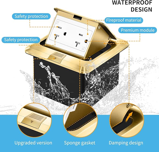Vagueior Pop Up Floor Electrical Outlet Stainless Steel Box Kit, 20A TR Receptacle Outlet，Tamper-Resistant Receptacle Outlet, ETL Certified,Gold(2 Pack)