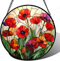 CRISGIF Stained Glass Window Hanging - Poppy Birth Flowers Suncatcher for Door Garden Yard Wildflowers Sun Catchers Decor Christmas Mother's Day Birthday Gifts for Women Mom Nana Friend 15 in