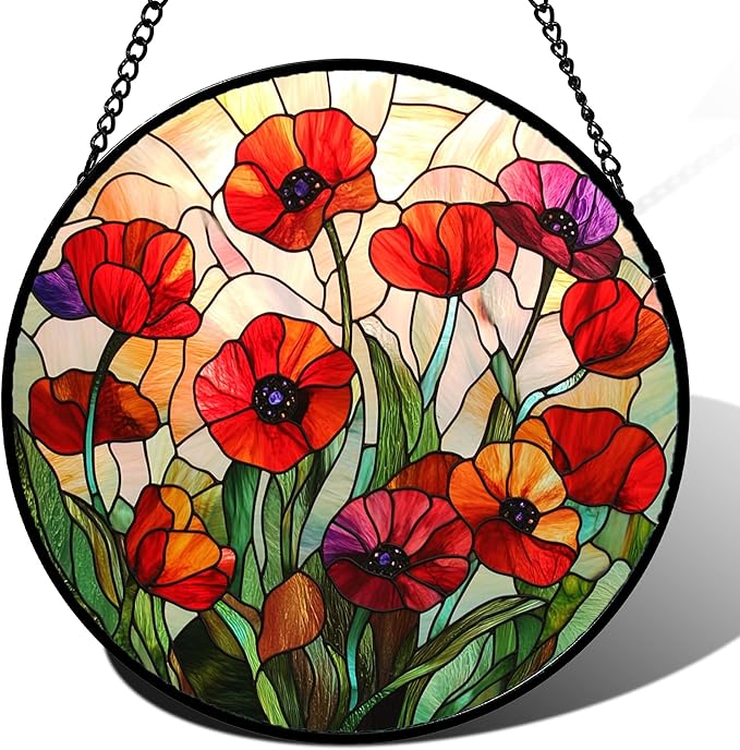 CRISGIF Stained Glass Window Hanging - Poppy Birth Flowers Suncatcher for Door Garden Yard Wildflowers Sun Catchers Decor Christmas Mother's Day Birthday Gifts for Women Mom Nana Friend 6.3 in