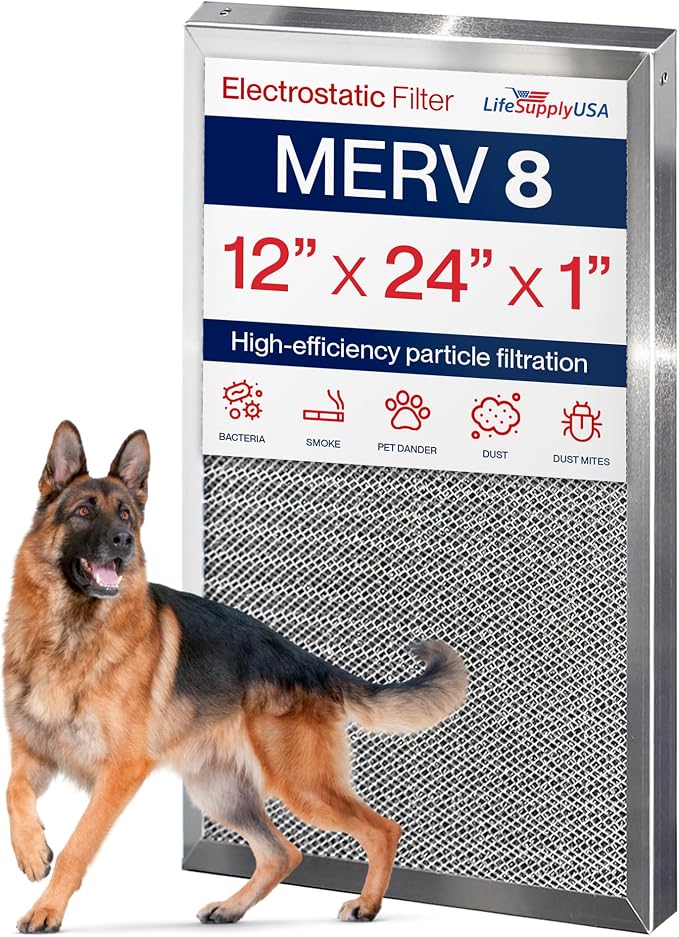 12x24x1 Electrostatic Air Filter, MERV 8, Reusable Furnace AC/HVAC Filter by LifeSupplyUSA