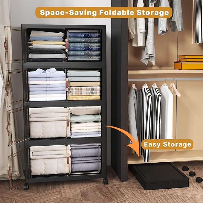 Extra Large Stackable Storage Bins with Lids & Wheels, 440QT-55QT/30GAL*8Pack Foldable Collapsible Closet Organizers Dark Storage Cabinet with Doors for Bedroom Dorm
