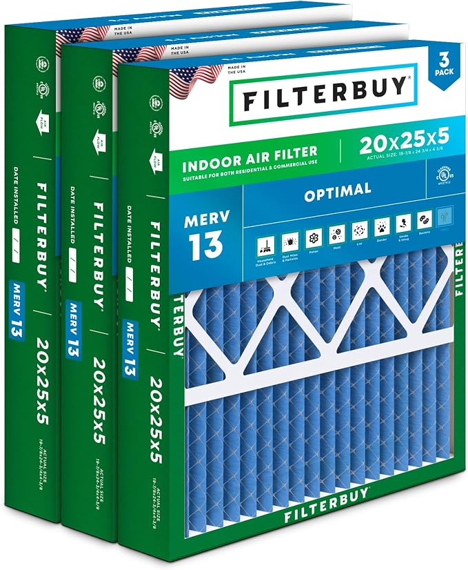 Filterbuy 20x25x5 Air Filter MERV 13 Optimal Smoke & Allergy Defense, Pleated by Filterbuy