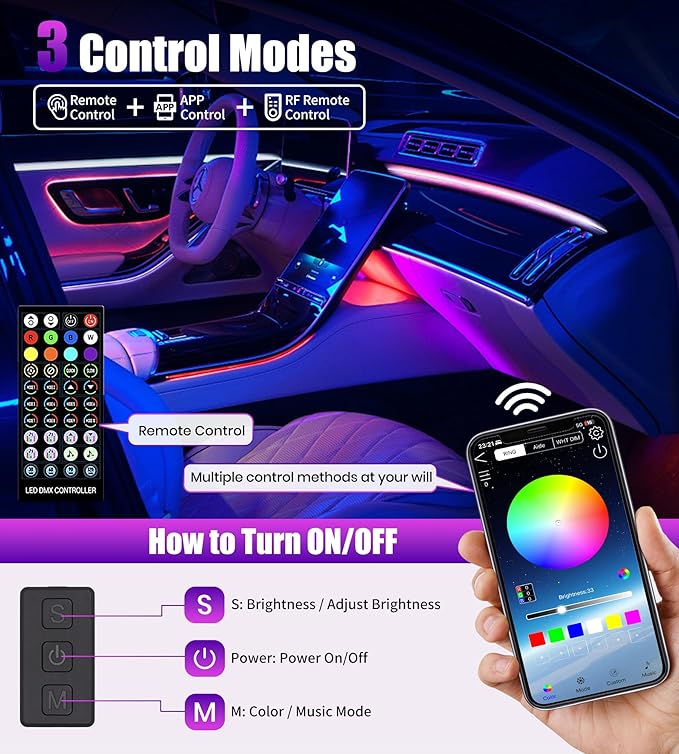 KENANEK 175’’ Acrylic Car Ambient Lighting Kit – 6 RGB LED Light Strips, APP/Remote/Control Box, Music Sync, Dual USB Cigarette Lighter, Universal Fit for Car/SUV/Truck